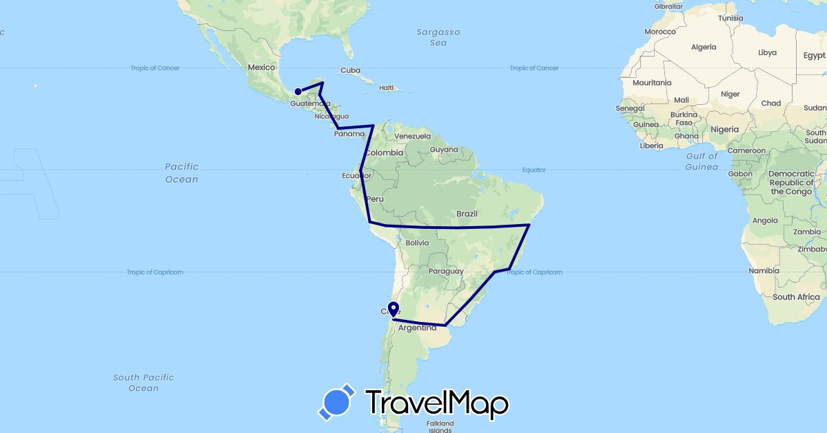 TravelMap itinerary: driving in Argentina, Brazil, Belize, Chile, Colombia, Costa Rica, Ecuador, Mexico, Peru (North America, South America)